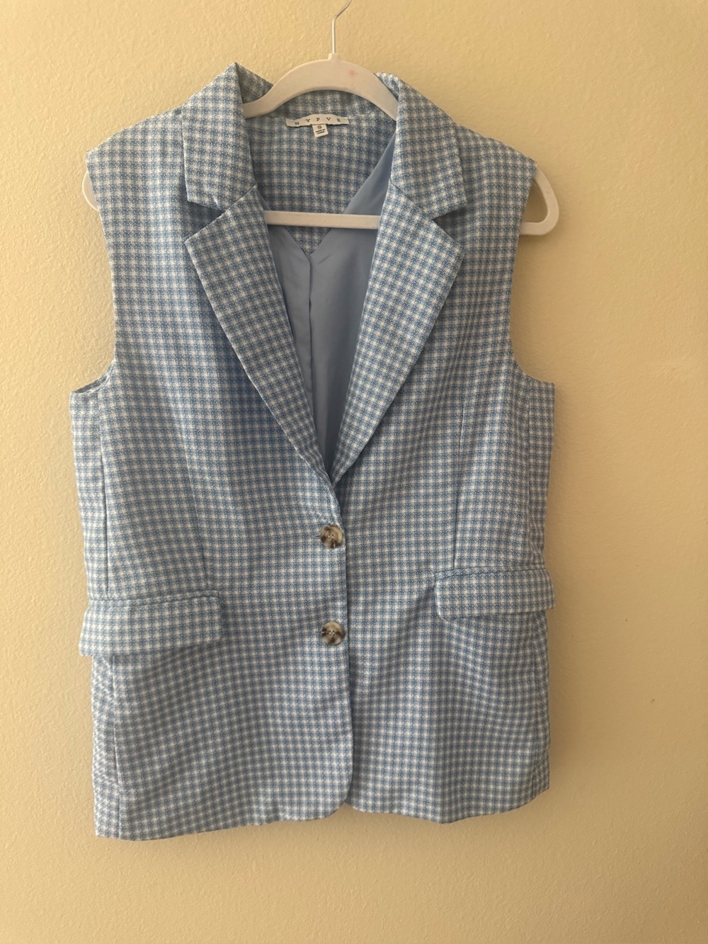 Blue and white Gingham Sleeveless collared Vest with pockets Sz S Brand Hyfive